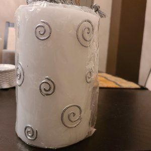 White Pillar Candle with Silver Design